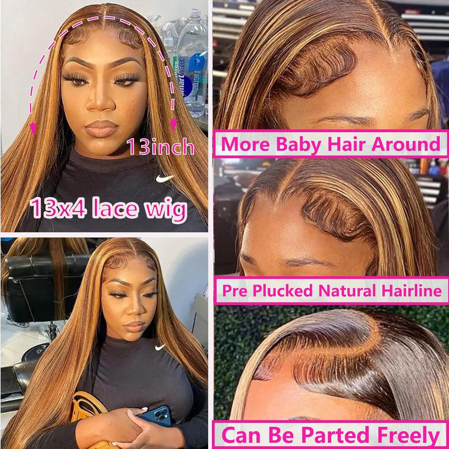 Real Human Hair Female Long Straight Hair Front Lace Wig Head Cover