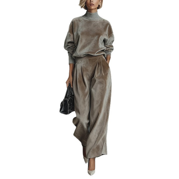 Casual Warm Velour Long-sleeved Solid Color High-neck Zipper Wide-leg Sportswear