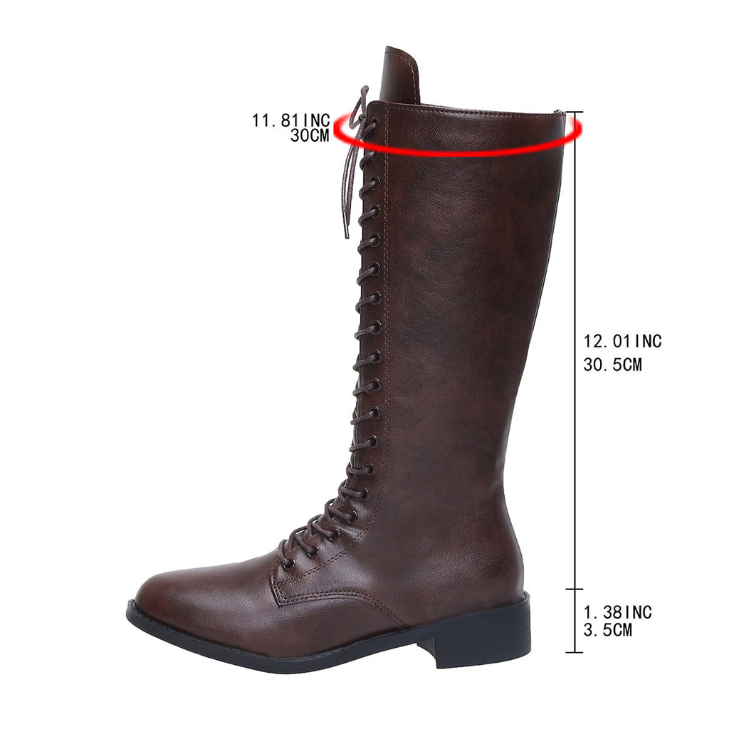Womens Stylish Round-toe Lace-up Knee-high Boots