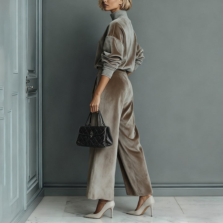 Casual Warm Velour Long-sleeved Solid Color High-neck Zipper Wide-leg Sportswear