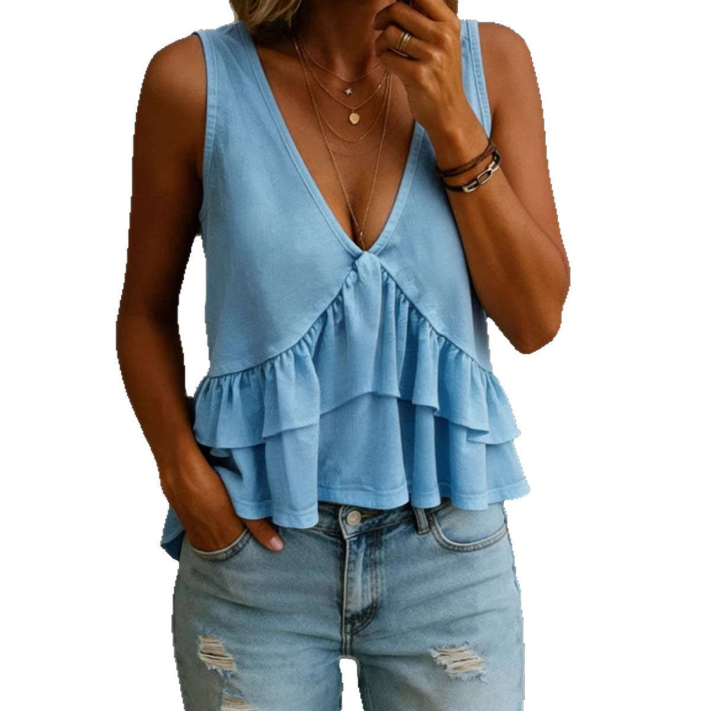 SpringSummer Womens Solid-Colored V-Neck Ruffled Sleeveless Top Vest