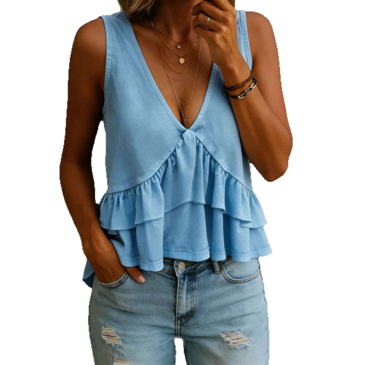 SpringSummer Womens Solid-Colored V-Neck Ruffled Sleeveless Top Vest