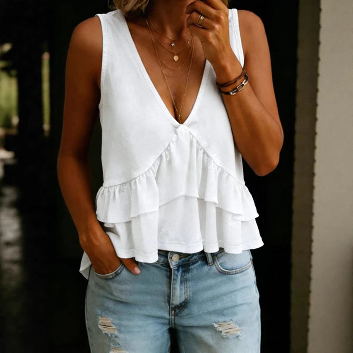 SpringSummer Womens Solid-Colored V-Neck Ruffled Sleeveless Top Vest