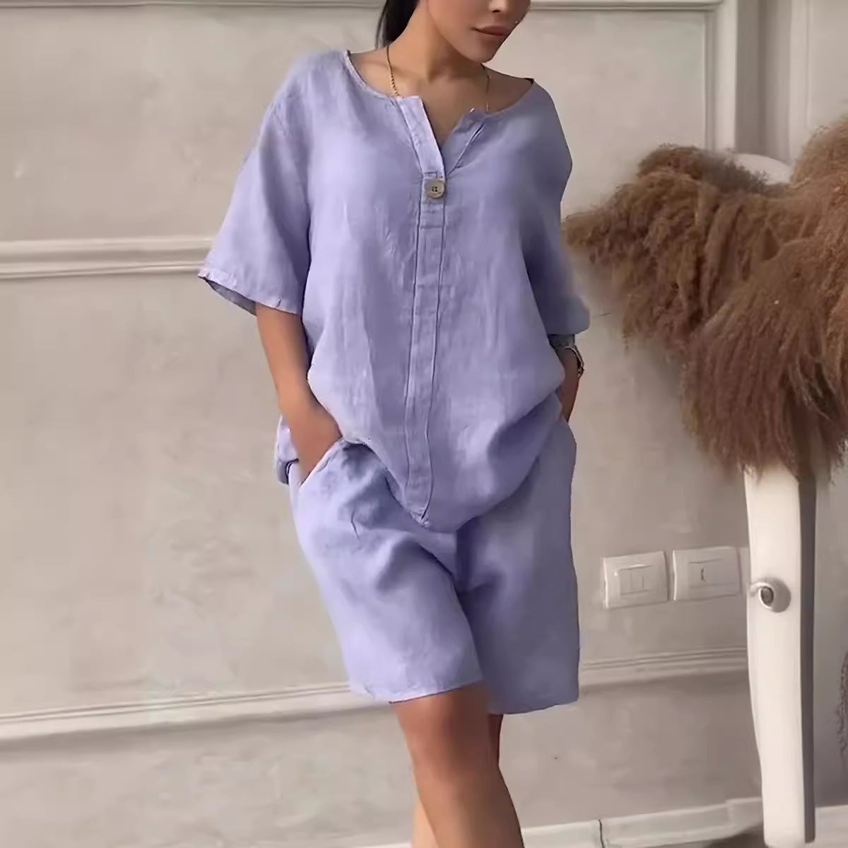 Cotton-linen Shirt Set With High-waisted Loose Shorts For Women