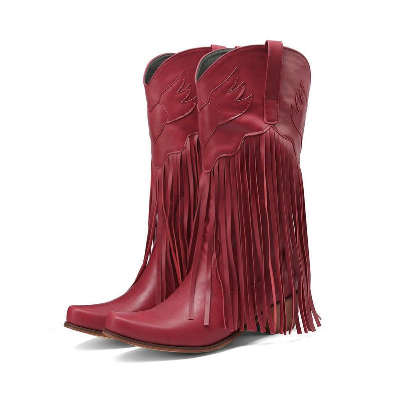 Womens Retro Mid-Calf Chunky Heel Round-Toe Boots