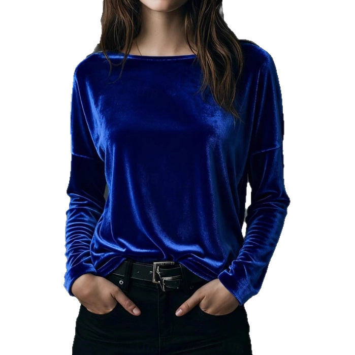 Female Solid Color Loose Fit Crew-neck Pullover Velvet T-shirt