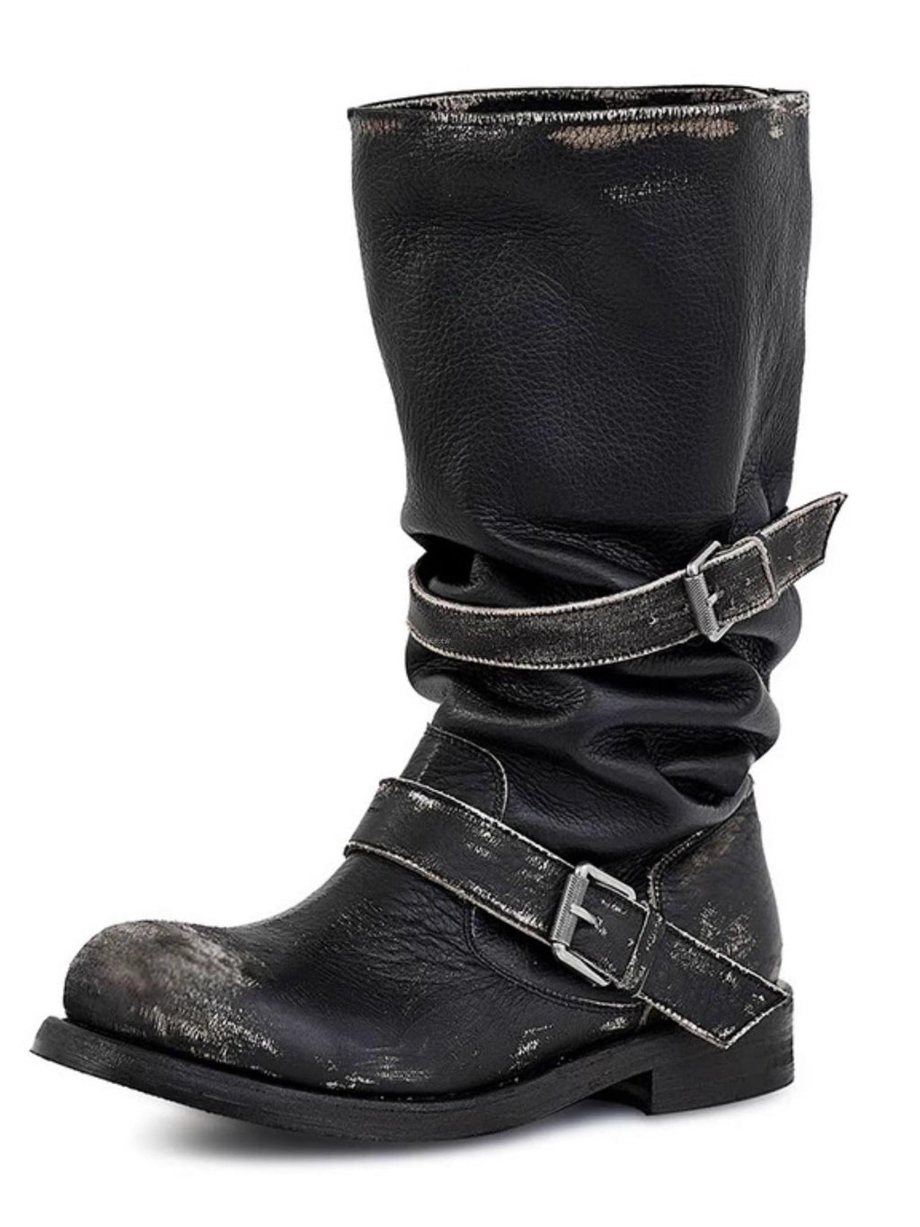 Chunky-heeled Vintage Distressed Mid-calf Boots Womens