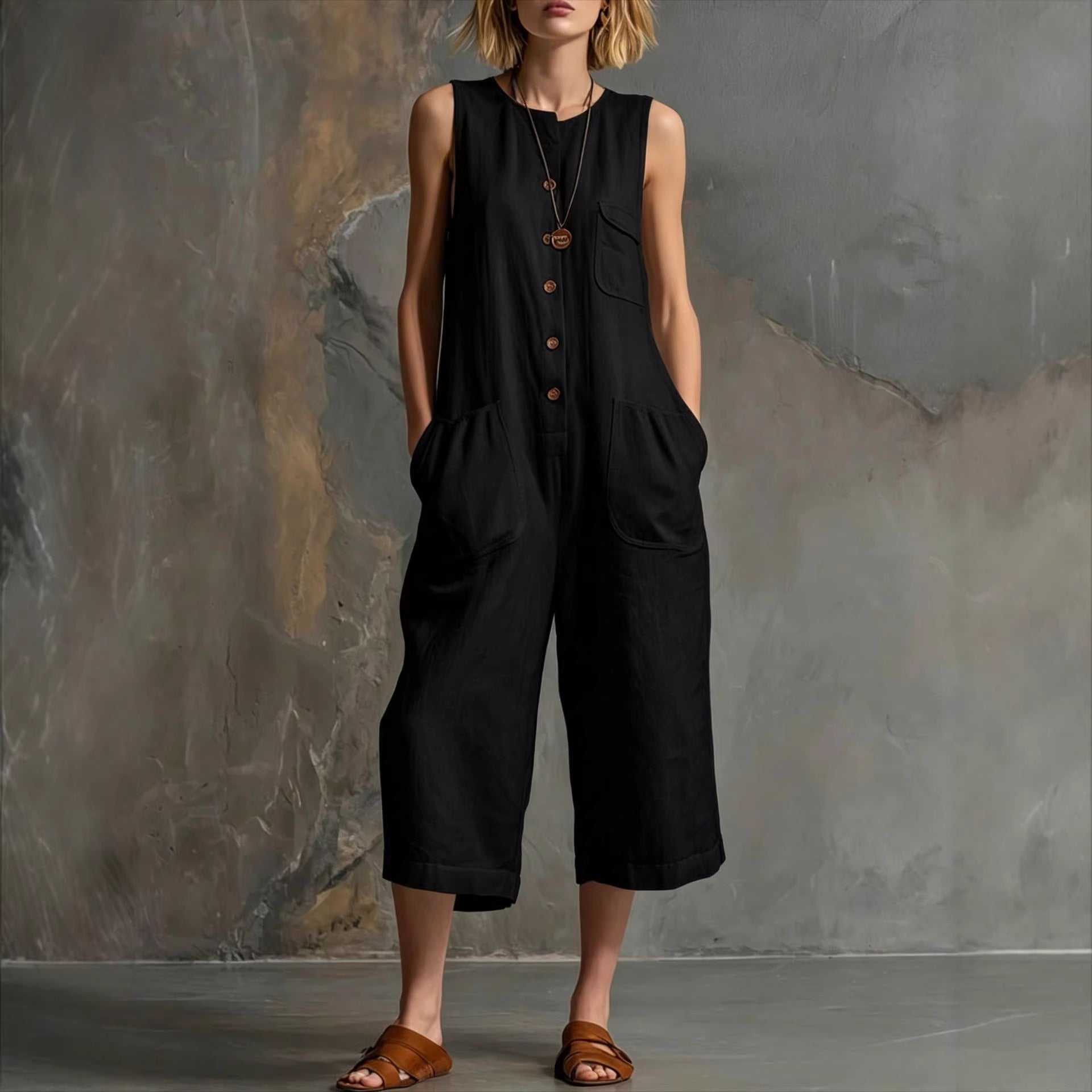 Retro Sleeveless Cotton-Linen Wide-Leg Cropped Jumpsuit