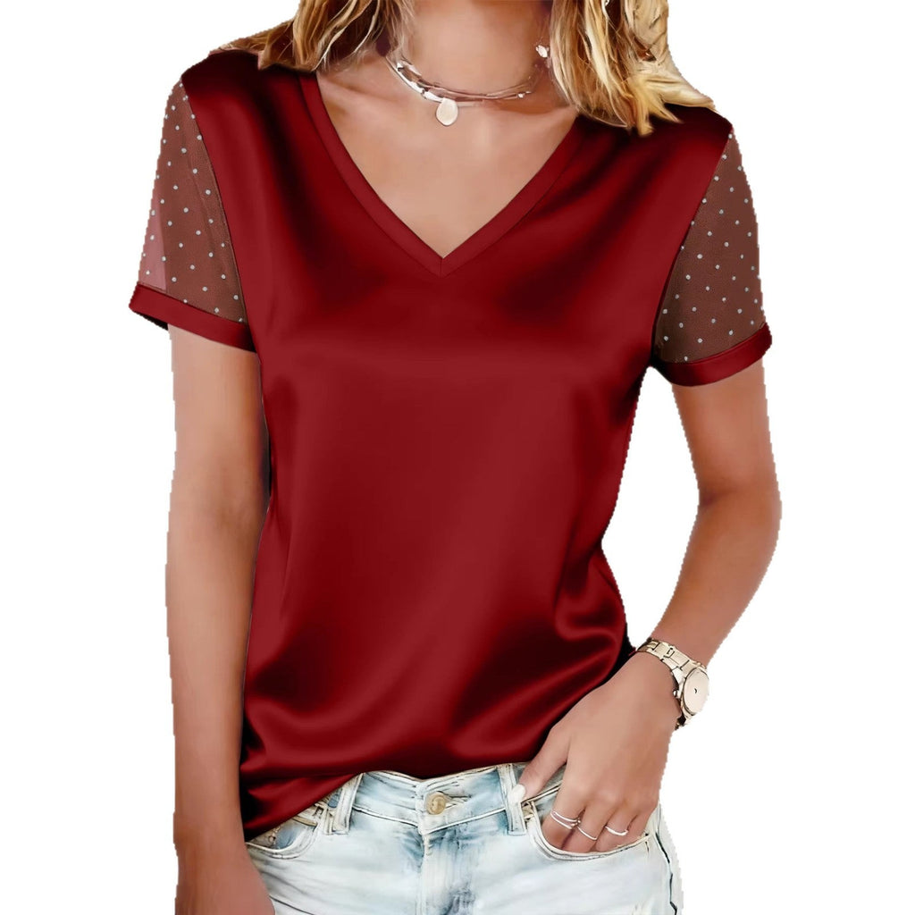 Solid-color V-neck Mesh Rhinestone-studded Short-sleeve T-shirt