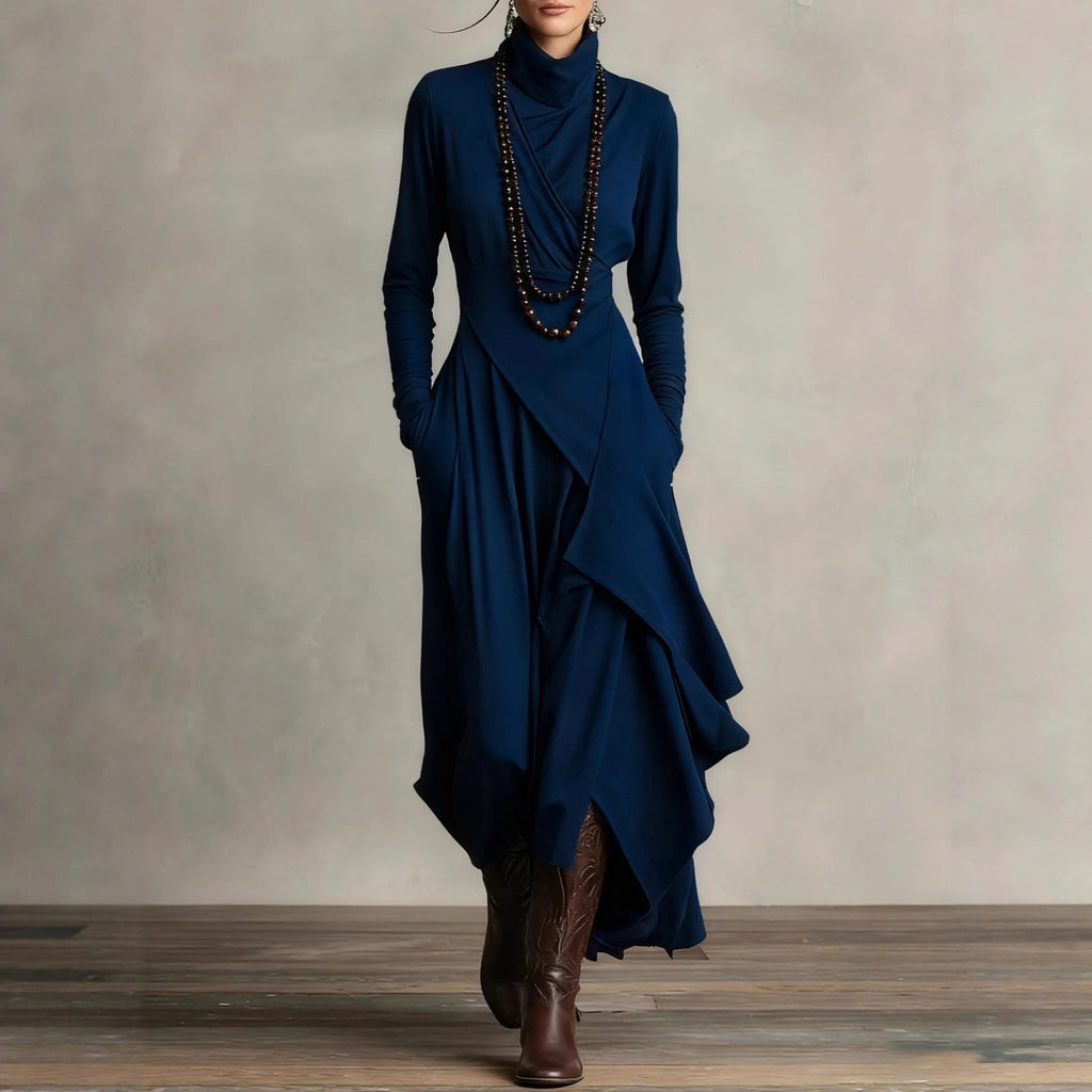 Women's Solid Color Cross-sleeve High-neck Dress