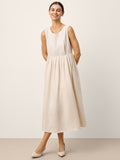 100% Linen Sleeveless Crew Neck Waist Pleated Maxi Dress SELENE