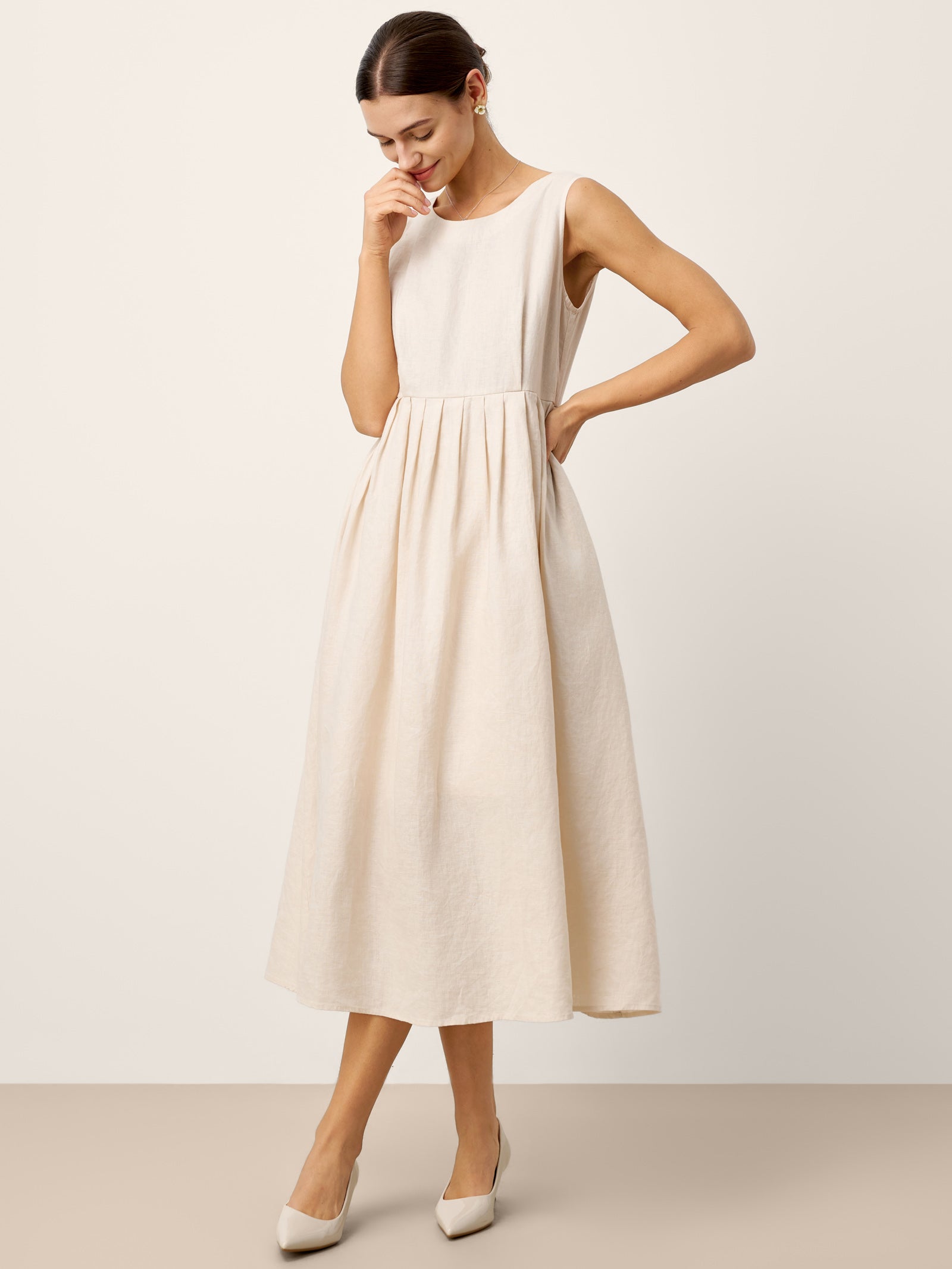 100% Linen Sleeveless Crew Neck Waist Pleated Maxi Dress SELENE