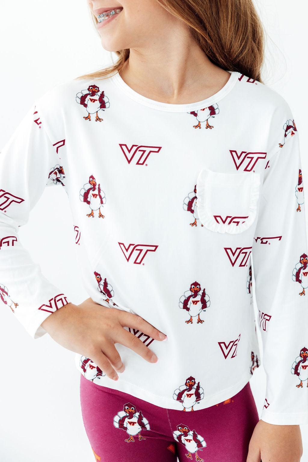Virginia Tech White Hokie L/S Ruffle Pocket Tee