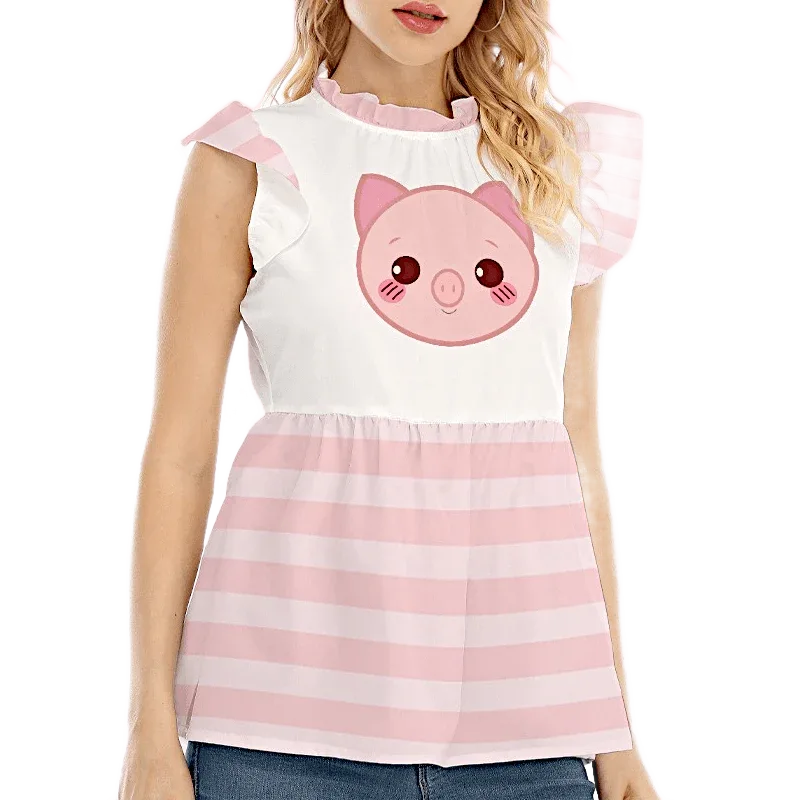 Kawaii Piglet Pink Striped Ruffle Blouse