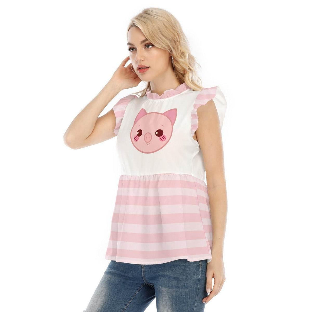 Kawaii Piglet Pink Striped Ruffle Blouse
